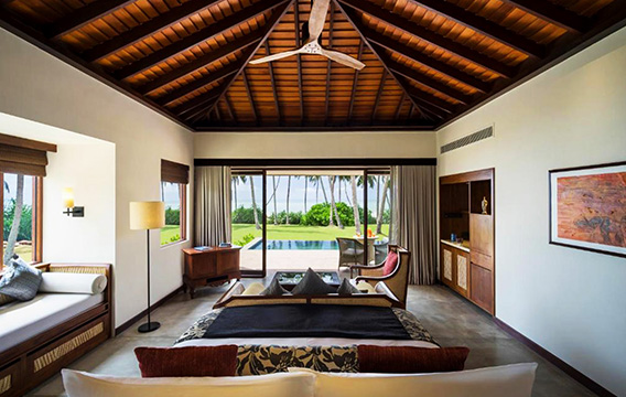 Hotel lobby with wooden ceiling in Sri Lanka